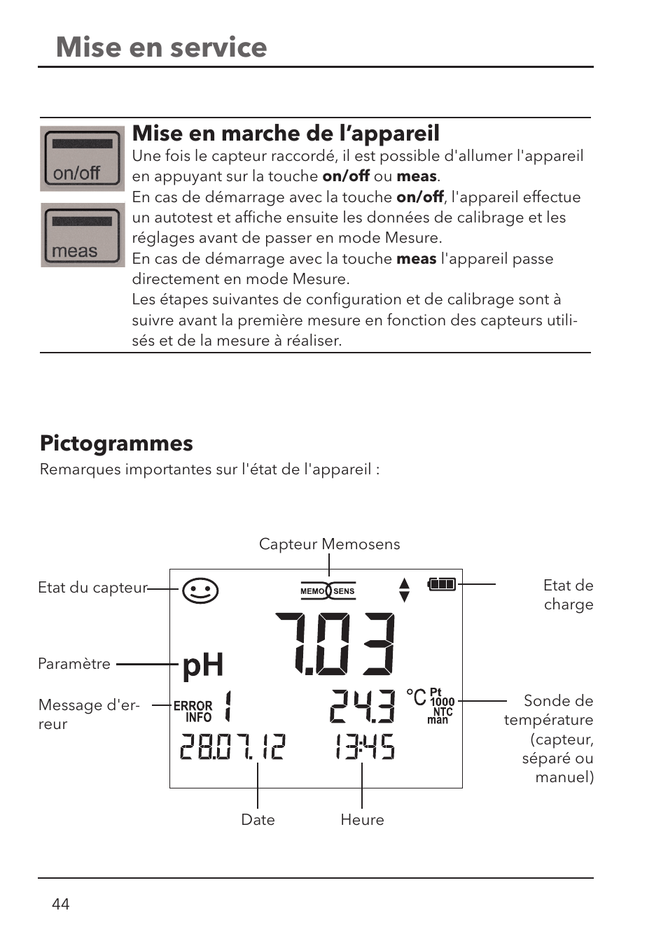 Mise en service, Mise en marche de l’ appareil, Pictogrammes | Xylem HandyLab 700 User Manual | Page 44 / 76