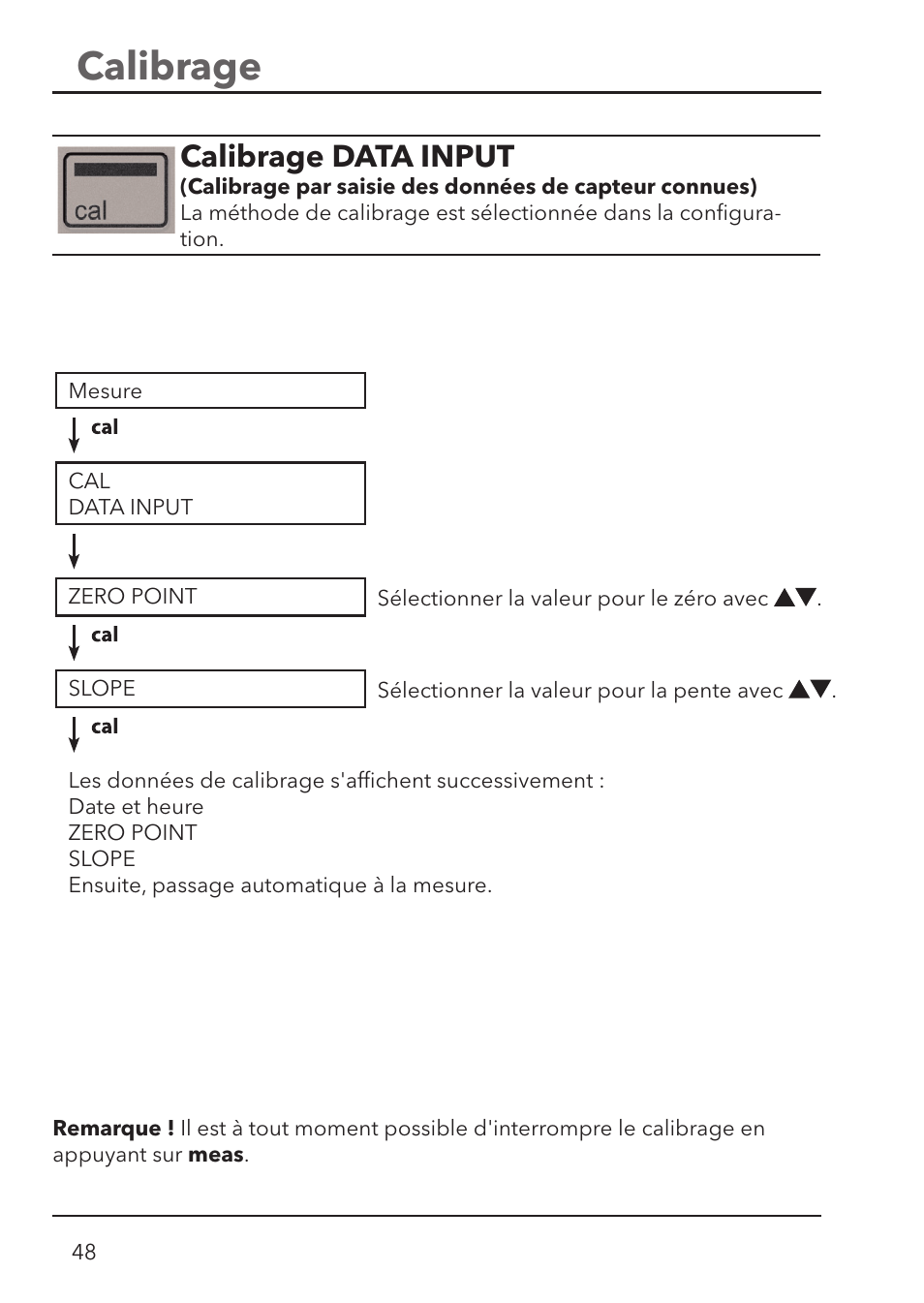 Calibrage, Calibrage data input | Xylem HandyLab 700 User Manual | Page 48 / 76