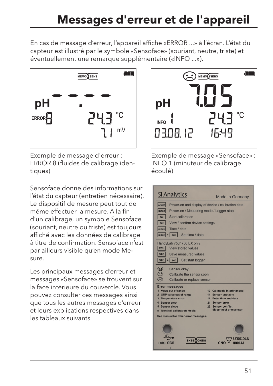 Messages d'erreur et de l'appareil | Xylem HandyLab 700 User Manual | Page 51 / 76