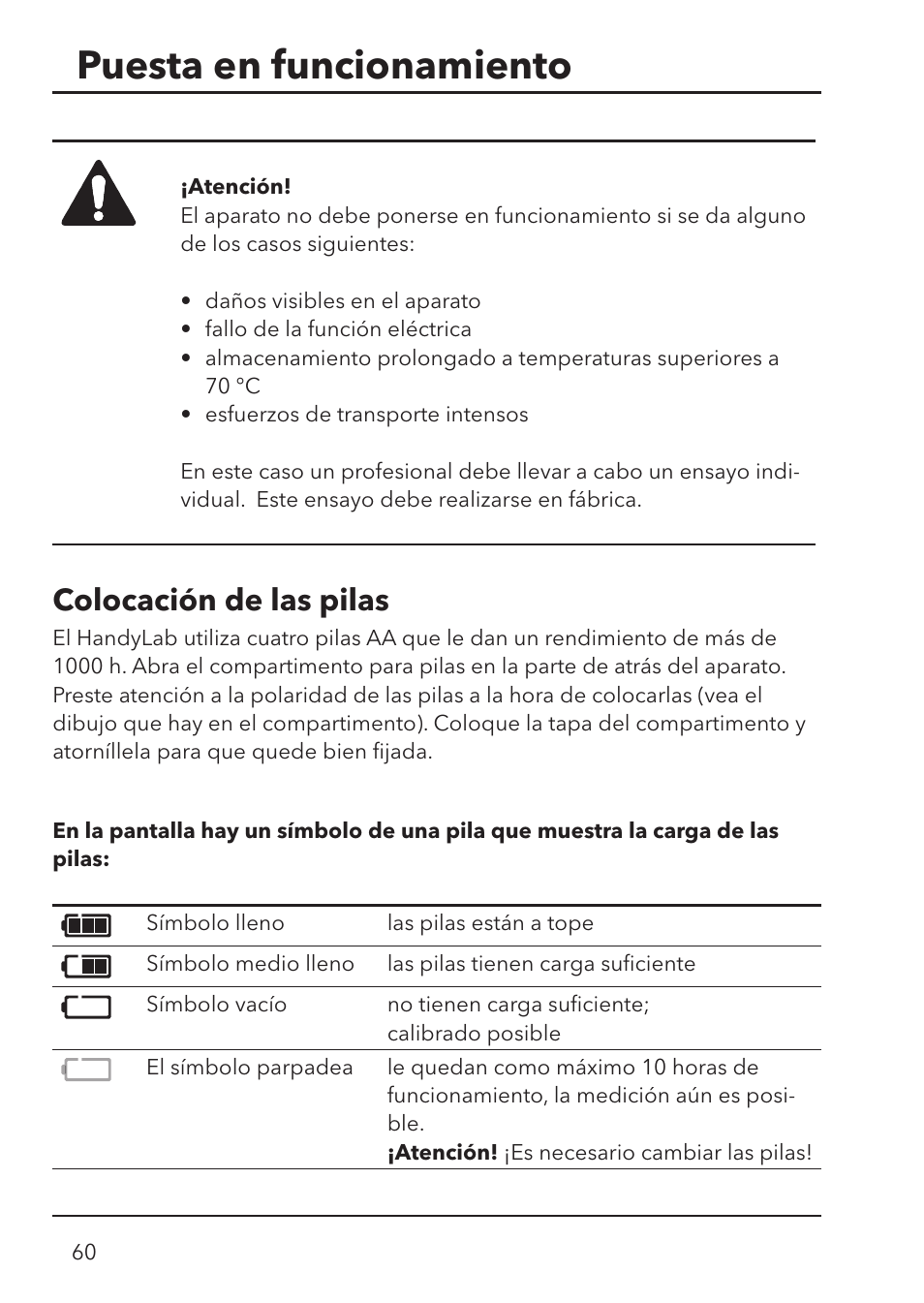 Puesta en funcionamiento, Colocación de las pilas | Xylem HandyLab 700 User Manual | Page 60 / 76