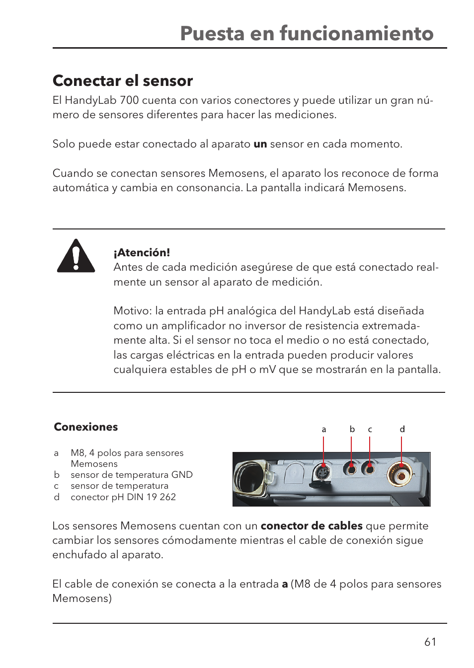 Puesta en funcionamiento, Conectar el sensor | Xylem HandyLab 700 User Manual | Page 61 / 76