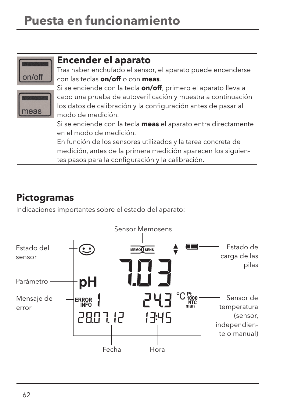 Puesta en funcionamiento, Encender el aparato, Pictogramas | Xylem HandyLab 700 User Manual | Page 62 / 76