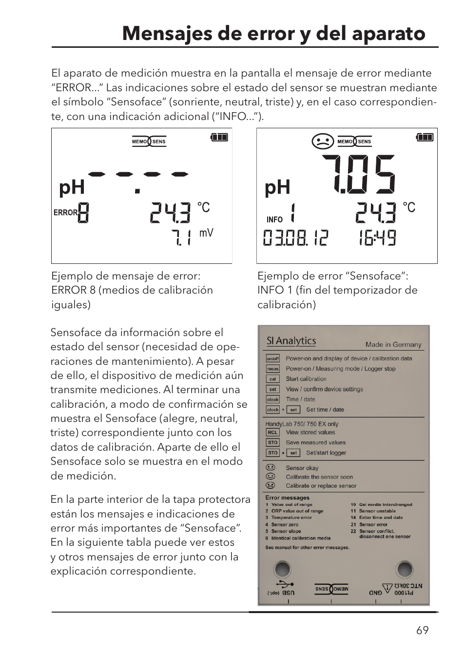 Mensajes de error y del aparato | Xylem HandyLab 700 User Manual | Page 69 / 76