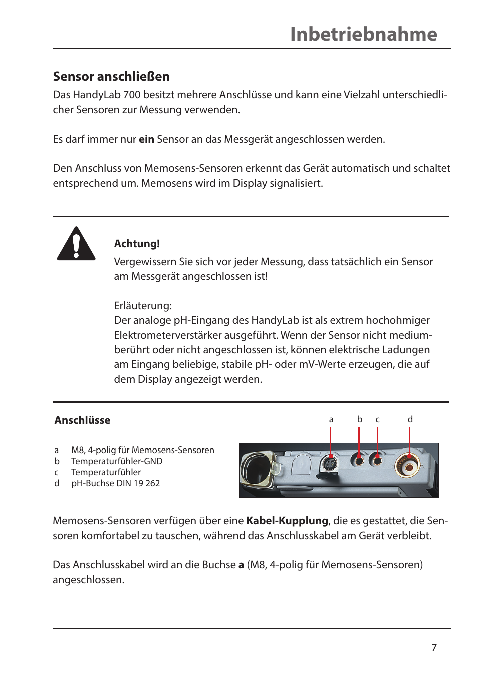 Inbetriebnahme, Sensor anschließen | Xylem HandyLab 700 User Manual | Page 7 / 76