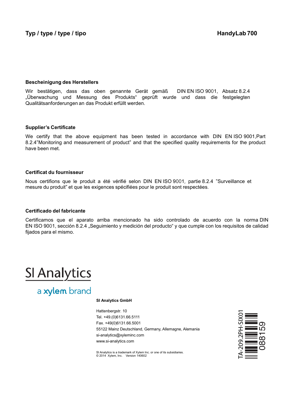 Xylem HandyLab 700 User Manual | Page 76 / 76