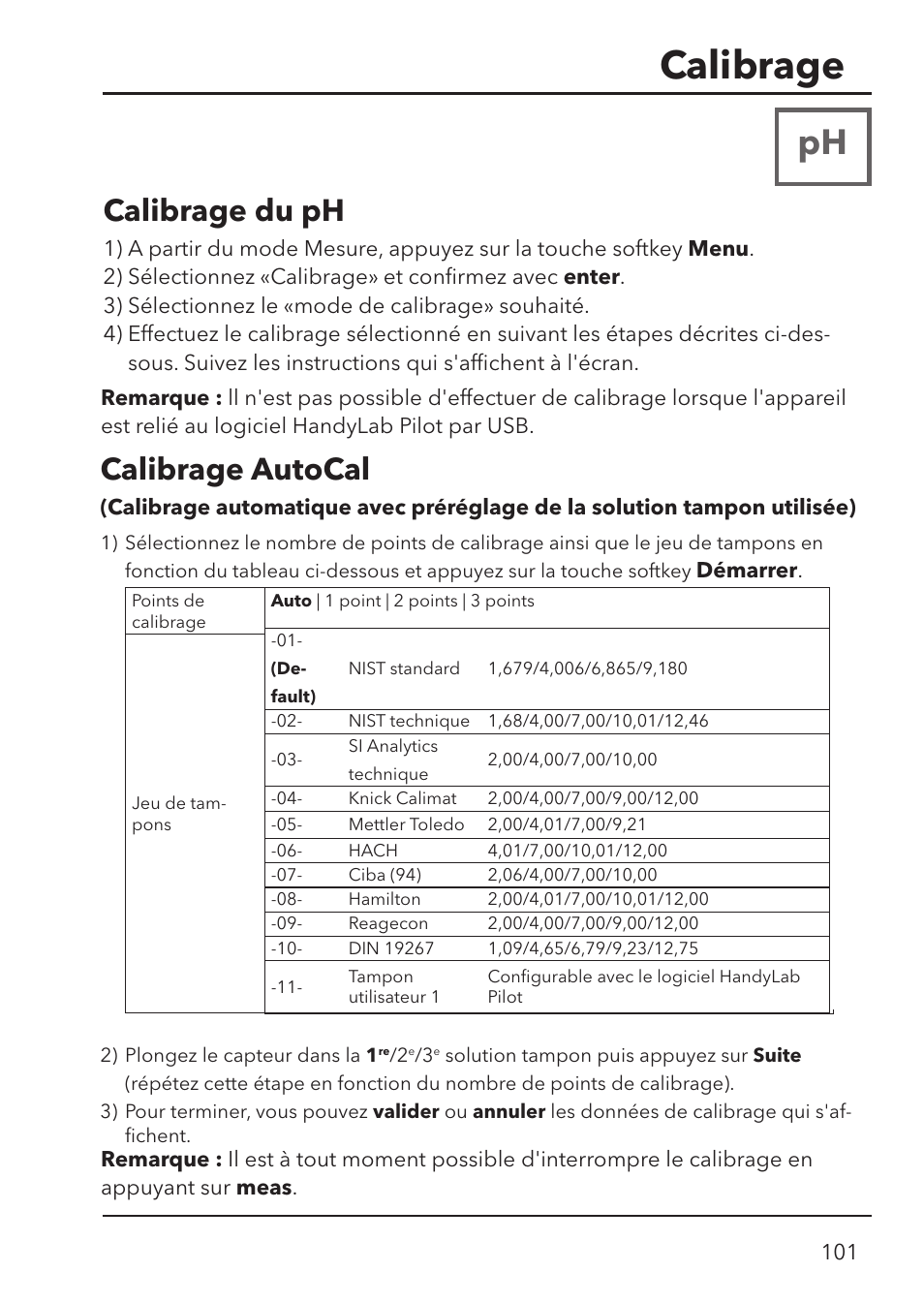 Calibrage, Calibrage du ph, Calibrage autocal | Xylem HandyLab 780 User Manual | Page 101 / 164