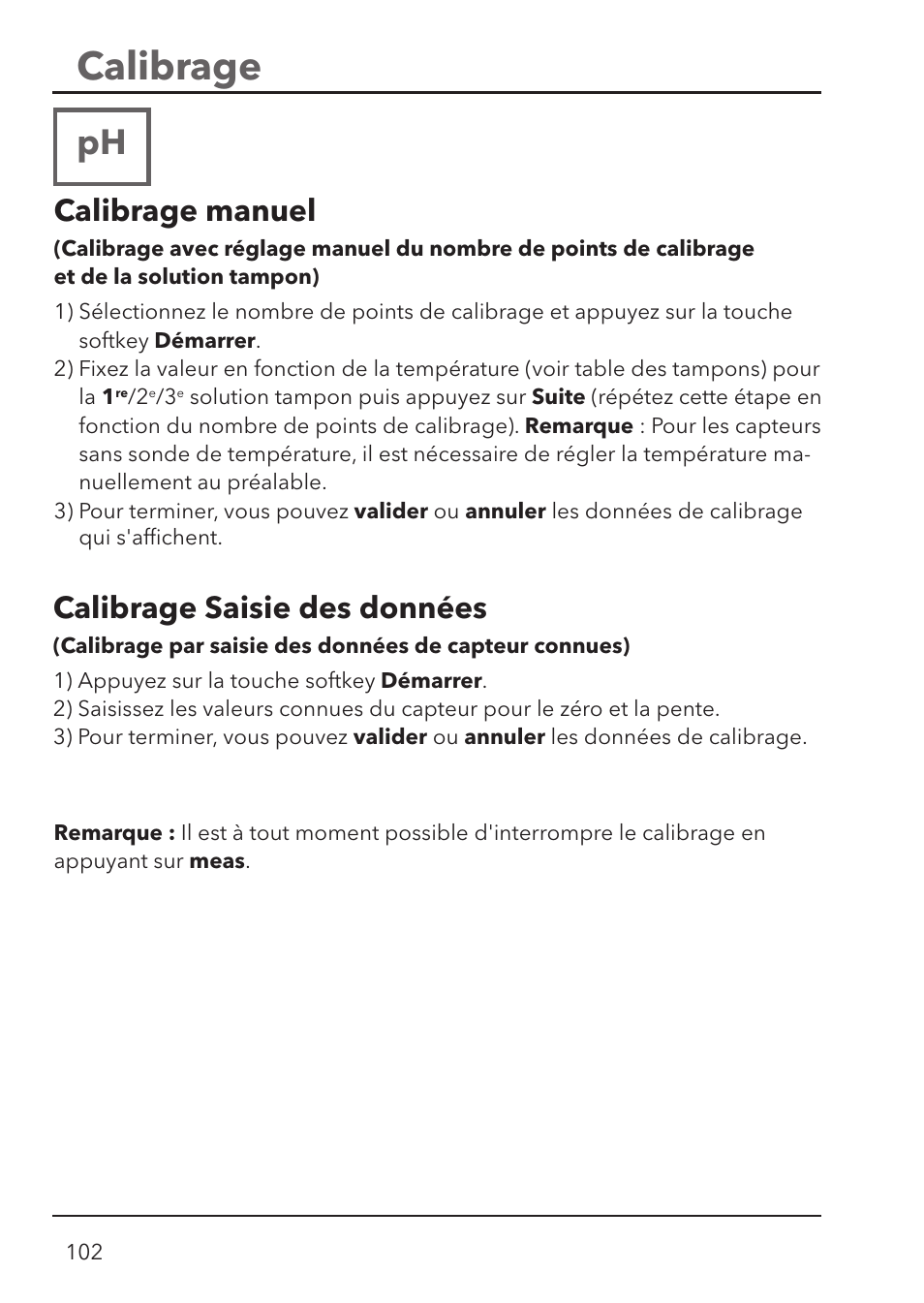 Calibrage, Calibrage manuel, Calibrage saisie des données | Xylem HandyLab 780 User Manual | Page 102 / 164