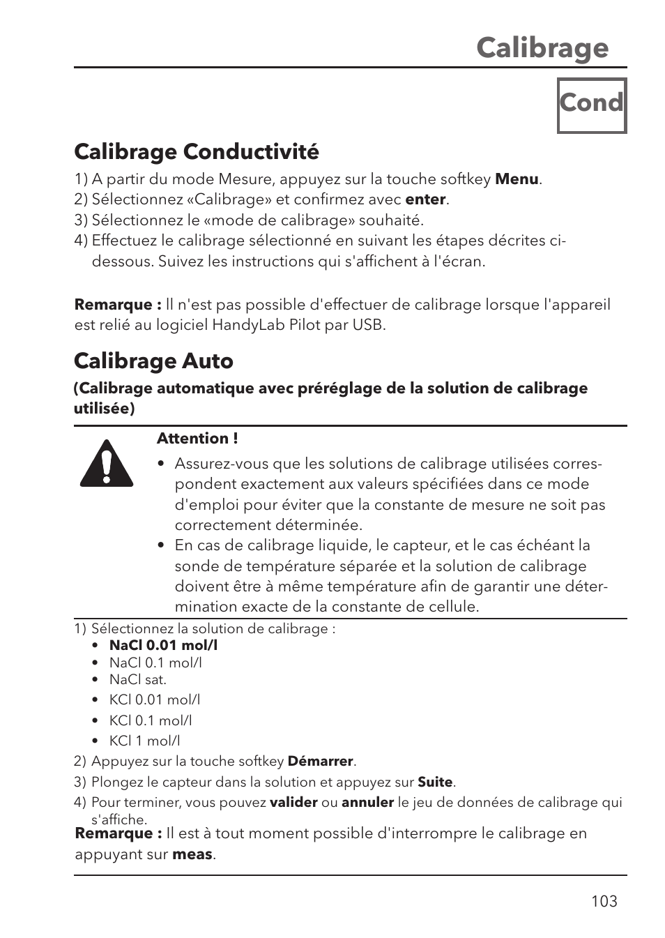 Calibrage, Cond, Calibrage auto | Calibrage conductivité | Xylem HandyLab 780 User Manual | Page 103 / 164