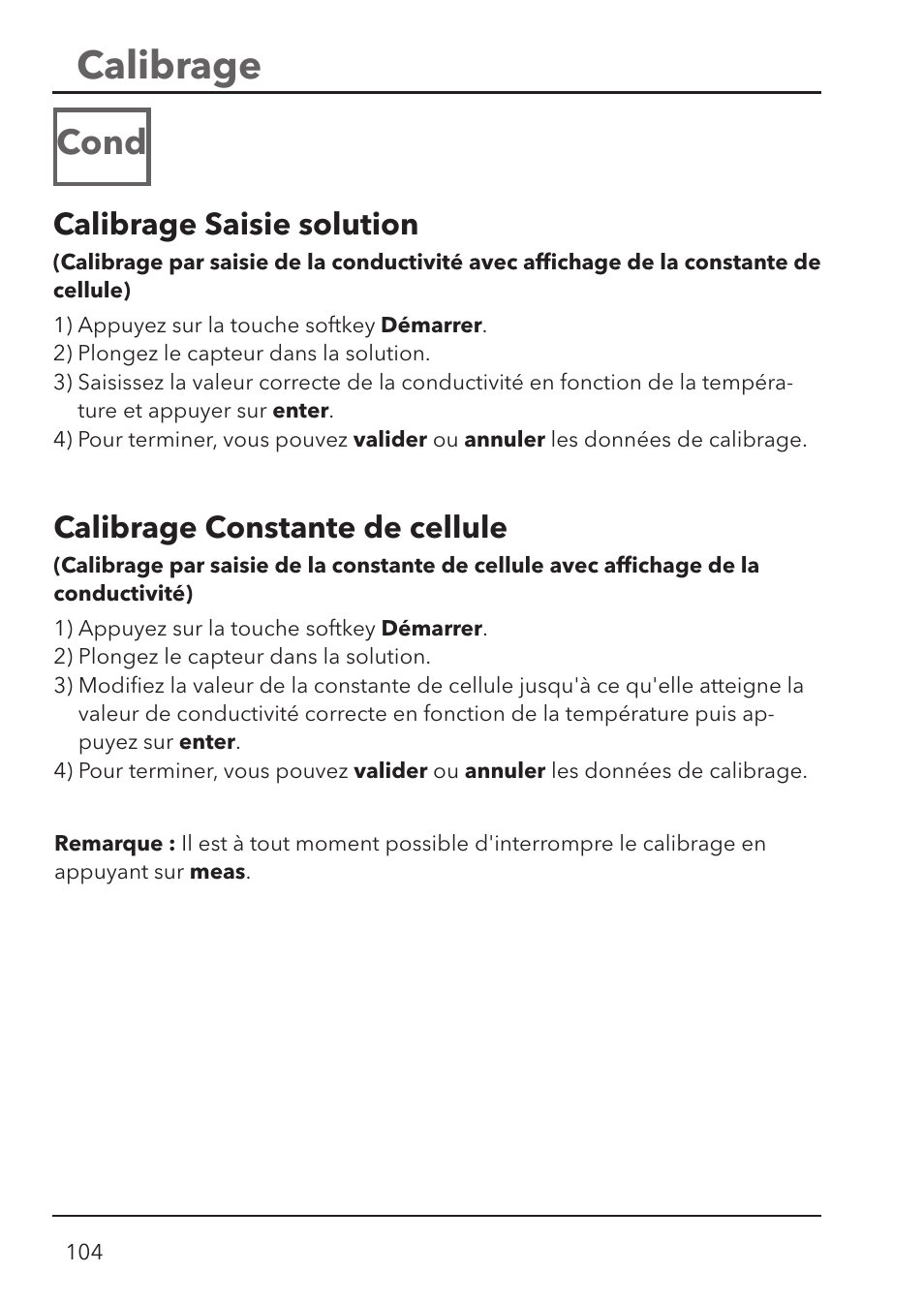 Calibrage, Cond, Calibrage saisie solution | Calibrage constante de cellule | Xylem HandyLab 780 User Manual | Page 104 / 164