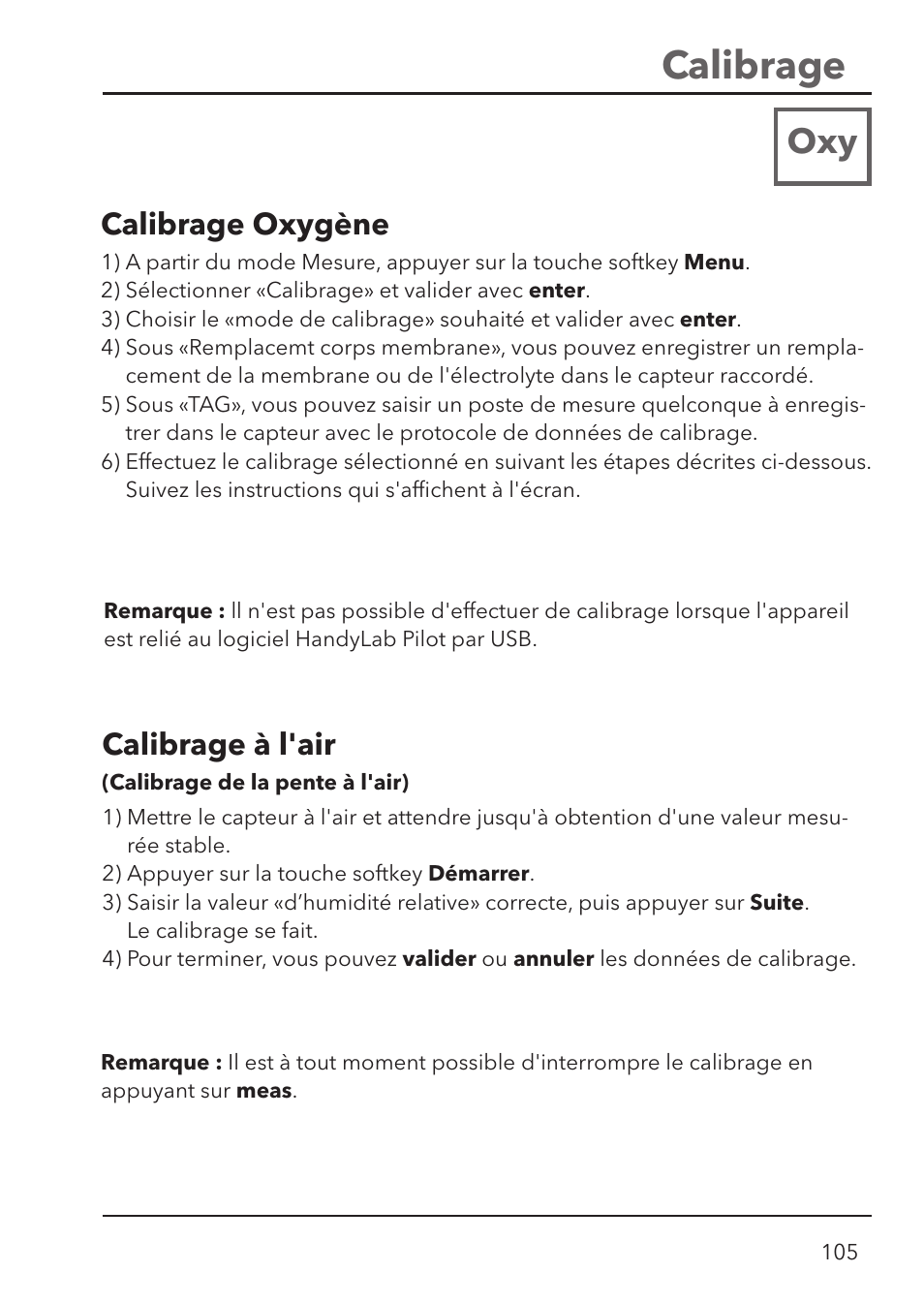 Calibrage, Calibrage oxygène, Calibrage à l'air | Xylem HandyLab 780 User Manual | Page 105 / 164