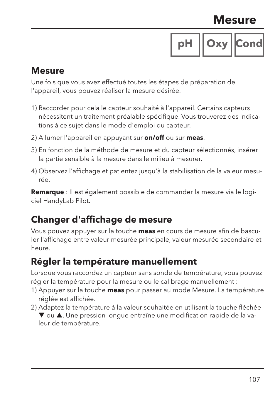 Mesure, Ph oxy cond, Changer d'afﬁ chage de mesure | Régler la température manuellement | Xylem HandyLab 780 User Manual | Page 107 / 164