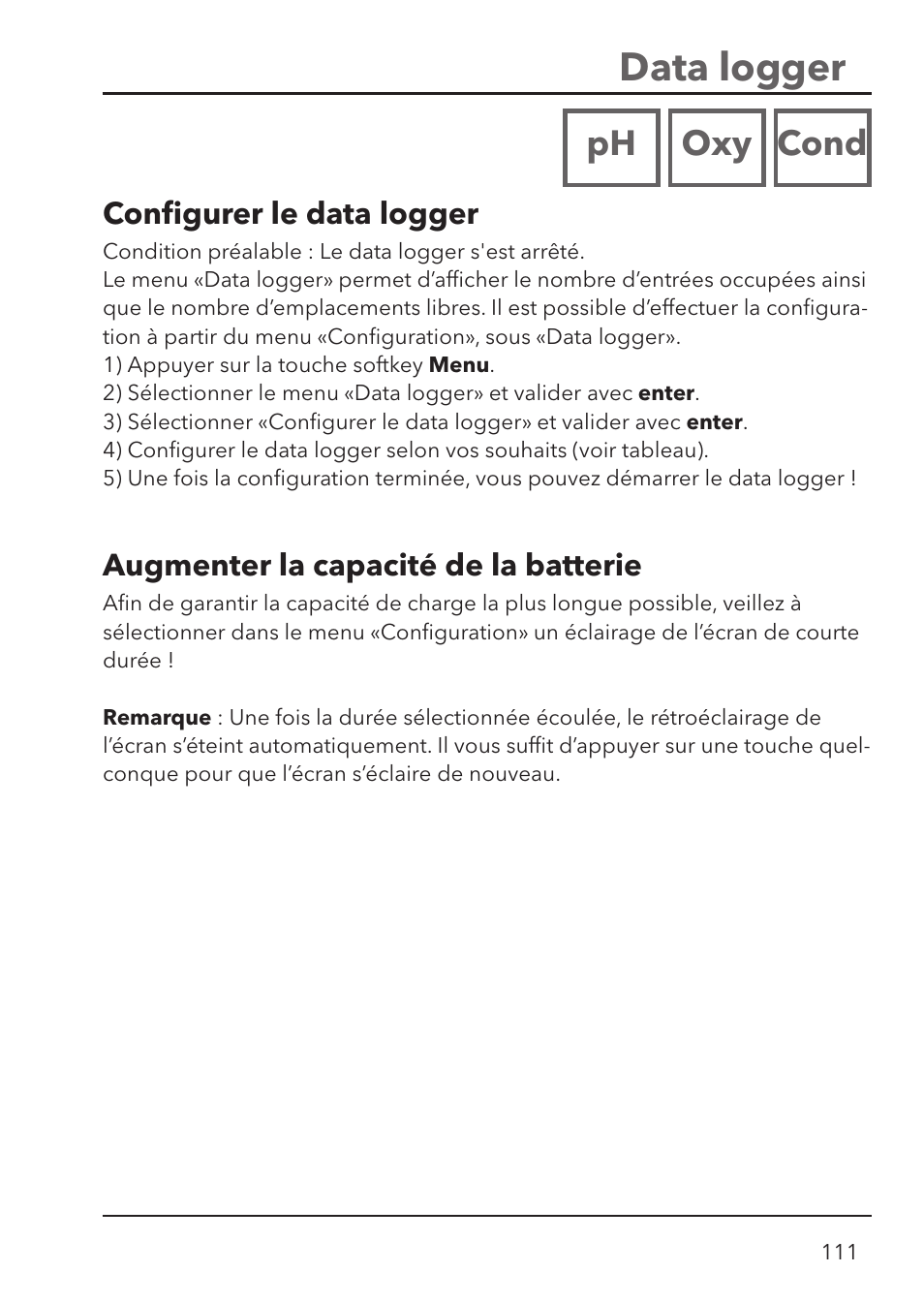 Data logger, Ph oxy cond | Xylem HandyLab 780 User Manual | Page 111 / 164