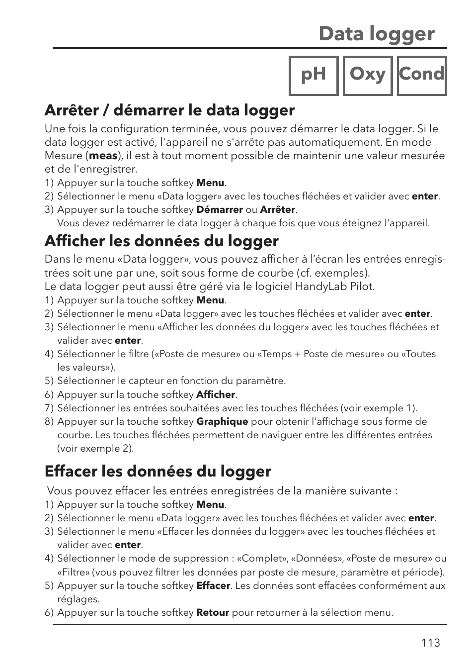 Data logger, Ph oxy cond, Afﬁ cher les données du logger | Arrêter / démarrer le data logger, Effacer les données du logger | Xylem HandyLab 780 User Manual | Page 113 / 164