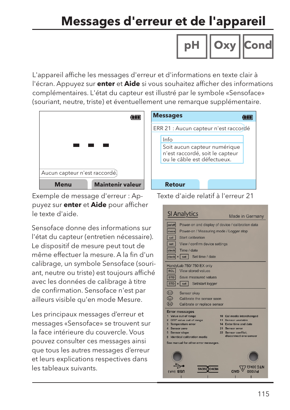 Messages d'erreur et de l'appareil, Ph oxy cond | Xylem HandyLab 780 User Manual | Page 115 / 164