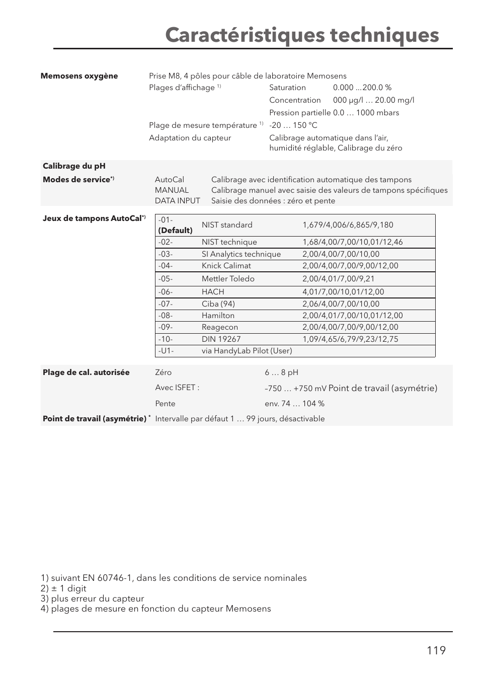 Caractéristiques techniques | Xylem HandyLab 780 User Manual | Page 119 / 164