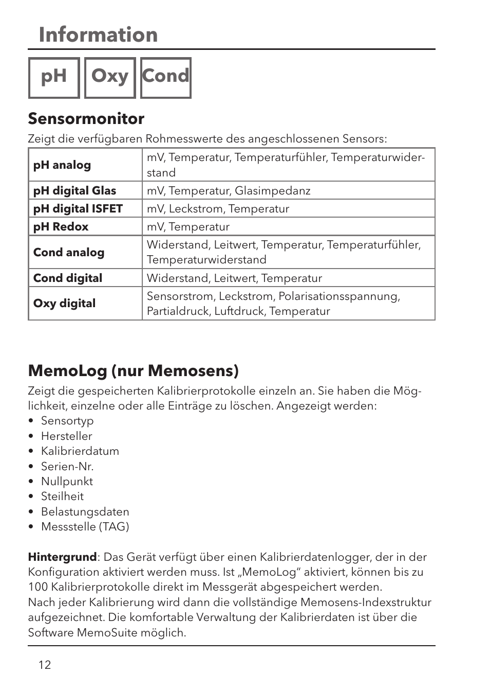 Information, Ph oxy cond, Sensormonitor | Xylem HandyLab 780 User Manual | Page 12 / 164