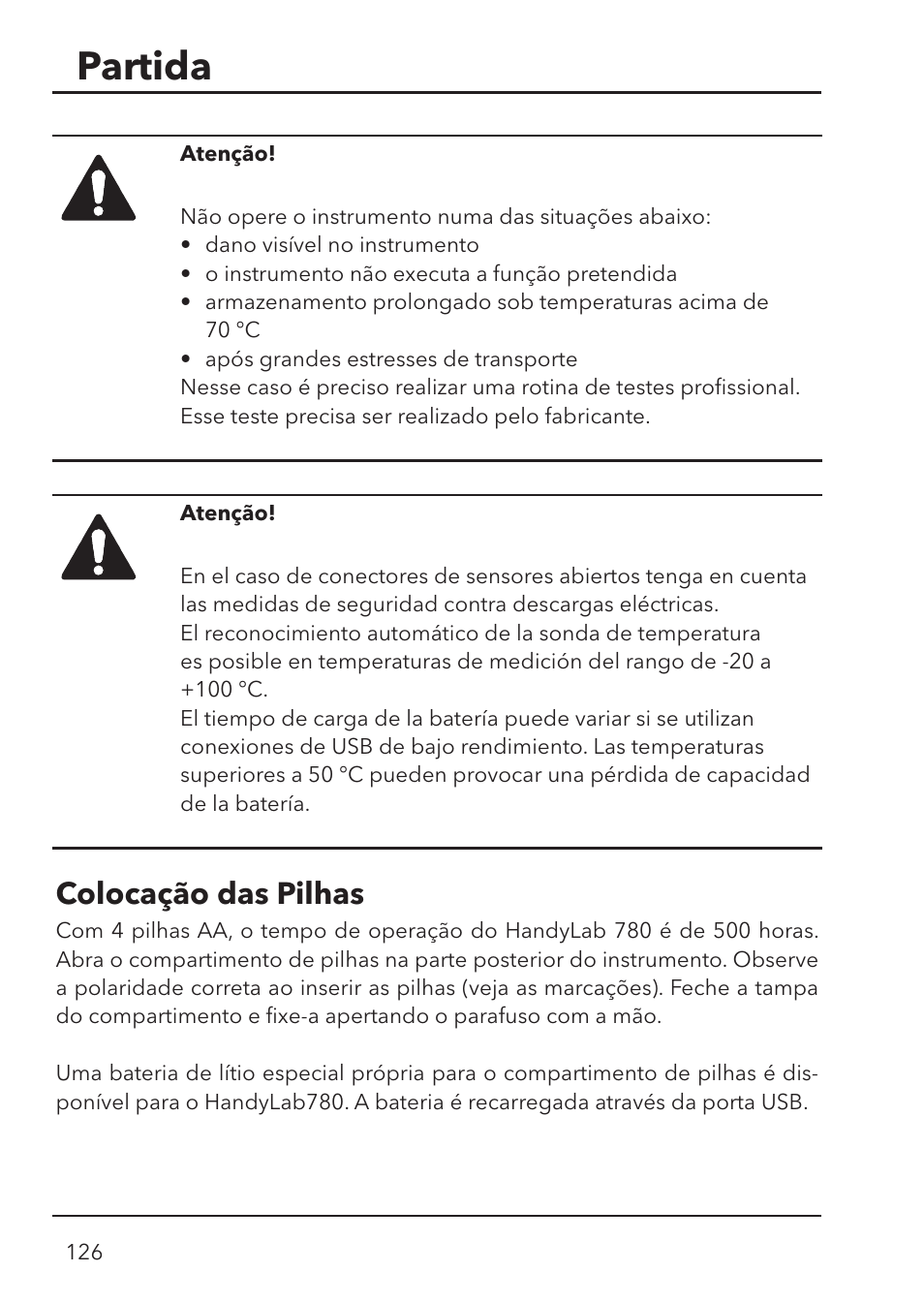 Partida, Colocação das pilhas | Xylem HandyLab 780 User Manual | Page 126 / 164