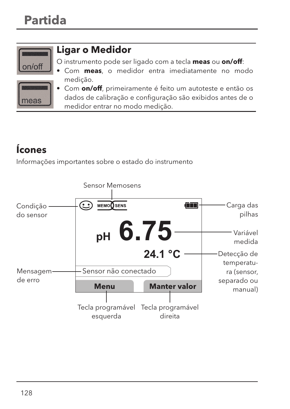 Partida, 1 °c ph, Ligar o medidor | Ícones | Xylem HandyLab 780 User Manual | Page 128 / 164