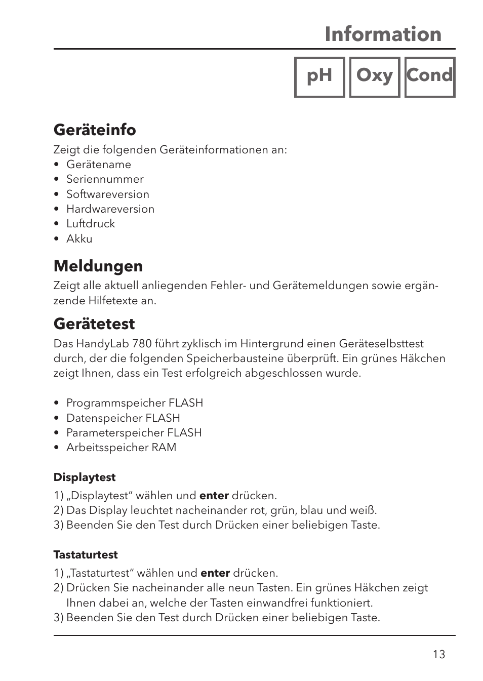 Information, Ph oxy cond, Meldungen | Geräteinfo, Gerätetest | Xylem HandyLab 780 User Manual | Page 13 / 164