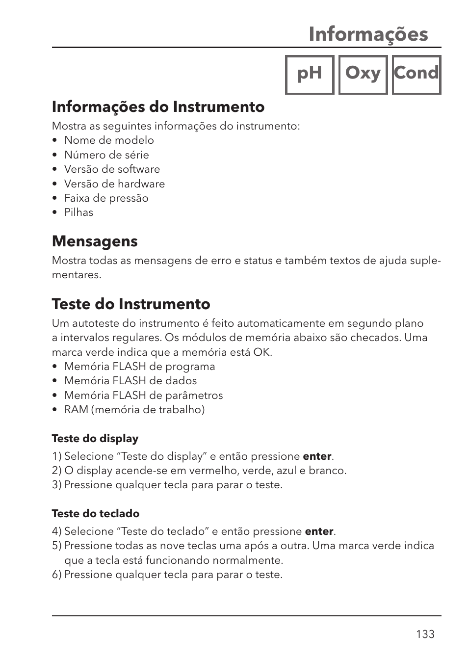 Informações, Ph oxy cond, Mensagens | Informações do instrumento, Teste do instrumento | Xylem HandyLab 780 User Manual | Page 133 / 164