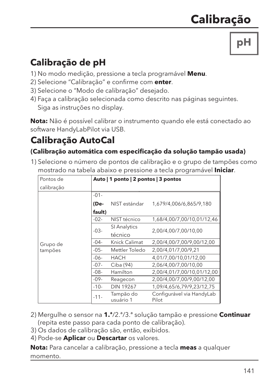 Calibração, Calibração de ph, Calibração autocal | Xylem HandyLab 780 User Manual | Page 141 / 164