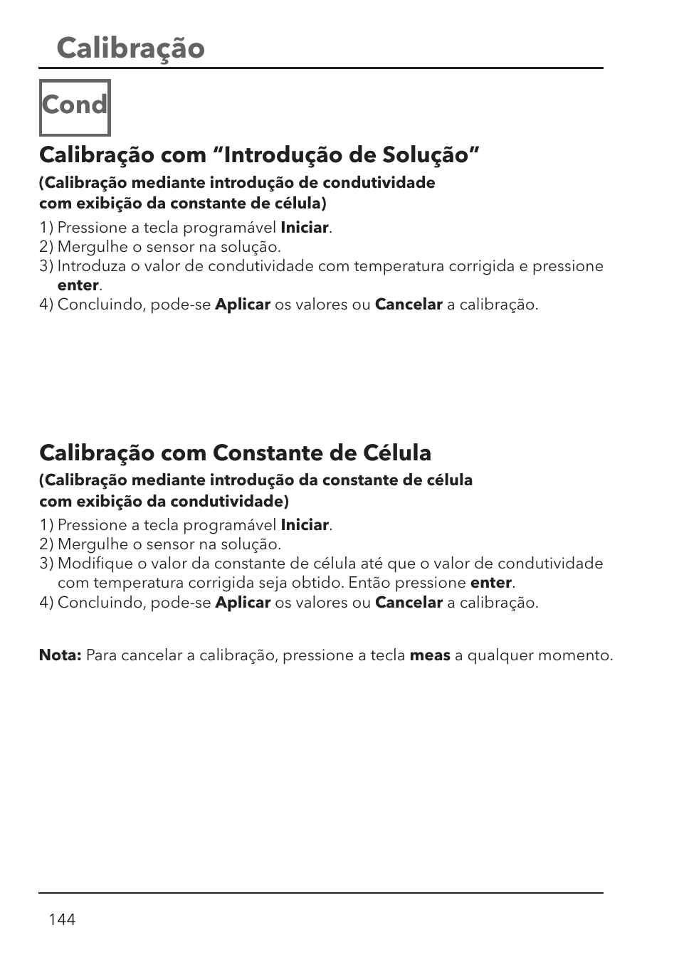 Calibração, Cond, Calibração com “introdução de solução | Calibração com constante de célula | Xylem HandyLab 780 User Manual | Page 144 / 164