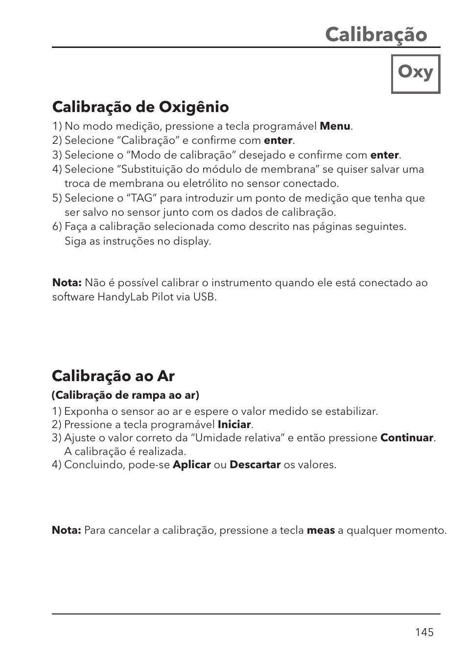 Calibração, Calibração de oxigênio, Calibração ao ar | Xylem HandyLab 780 User Manual | Page 145 / 164