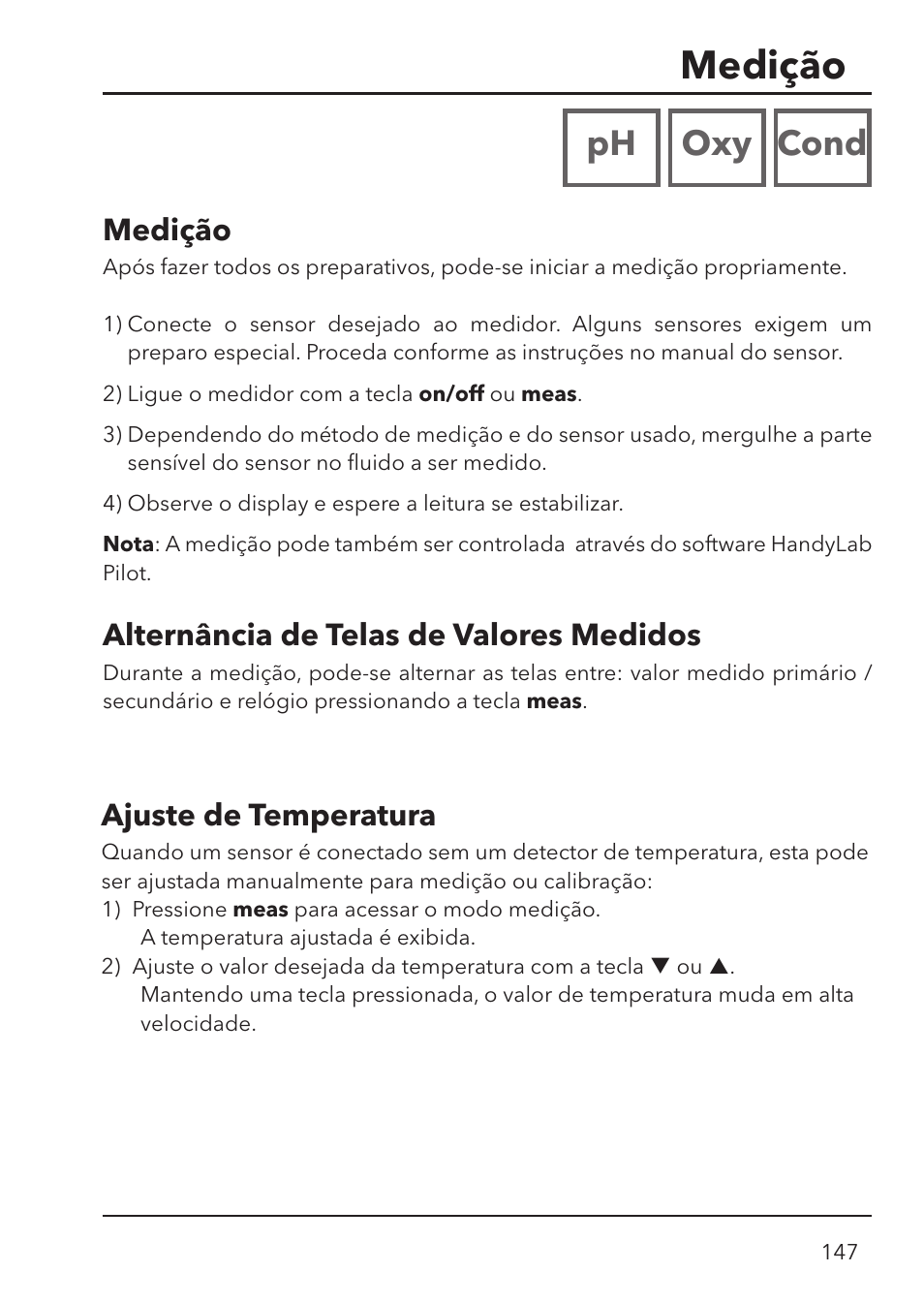 Medição, Ph oxy cond, Alternância de telas de valores medidos | Ajuste de temperatura | Xylem HandyLab 780 User Manual | Page 147 / 164