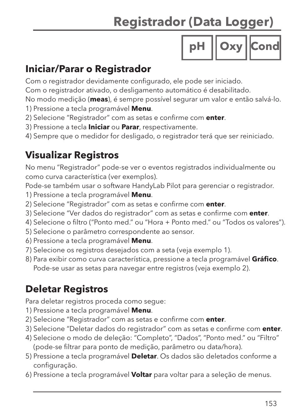 Registrador (data logger), Ph oxy cond, Visualizar registros | Iniciar/parar o registrador, Deletar registros | Xylem HandyLab 780 User Manual | Page 153 / 164