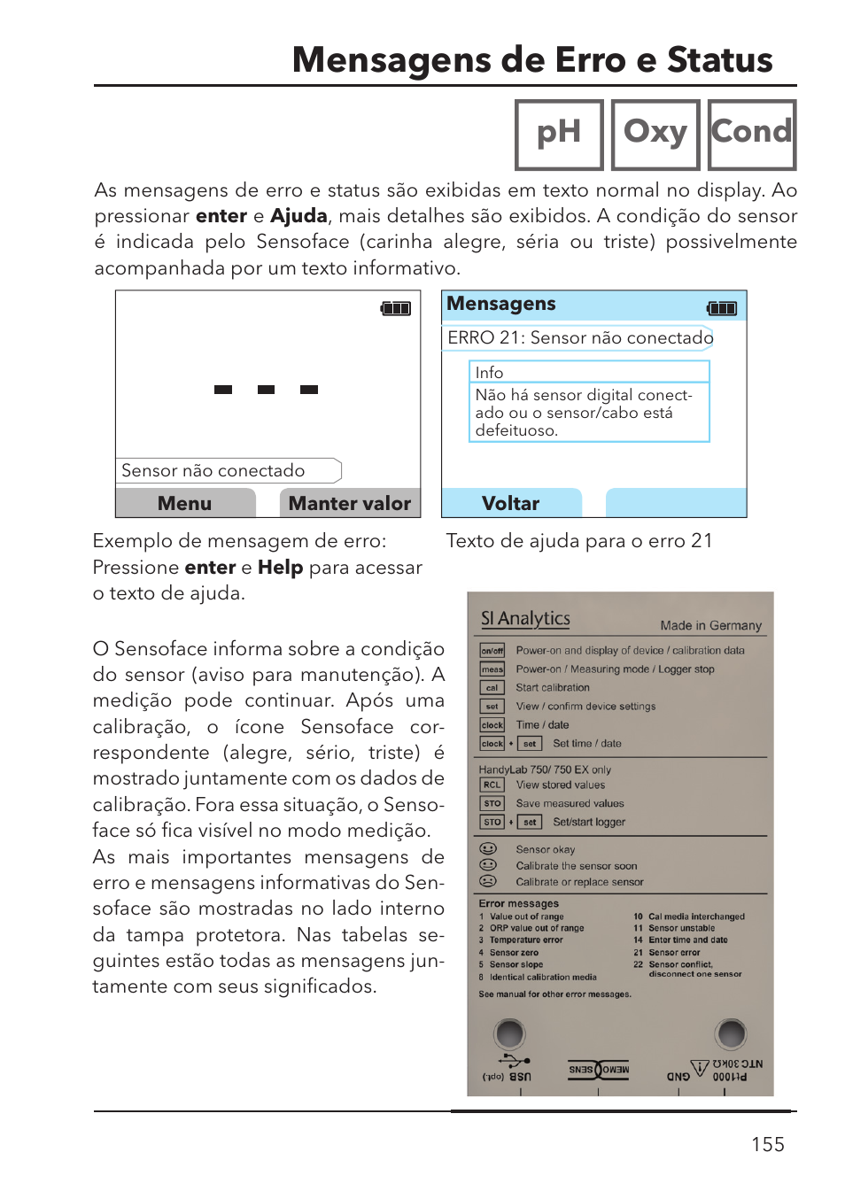 Mensagens de erro e status, Ph oxy cond | Xylem HandyLab 780 User Manual | Page 155 / 164