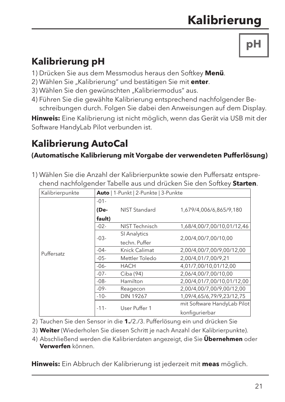 Kalibrierung, Kalibrierung ph, Kalibrierung autocal | Xylem HandyLab 780 User Manual | Page 21 / 164