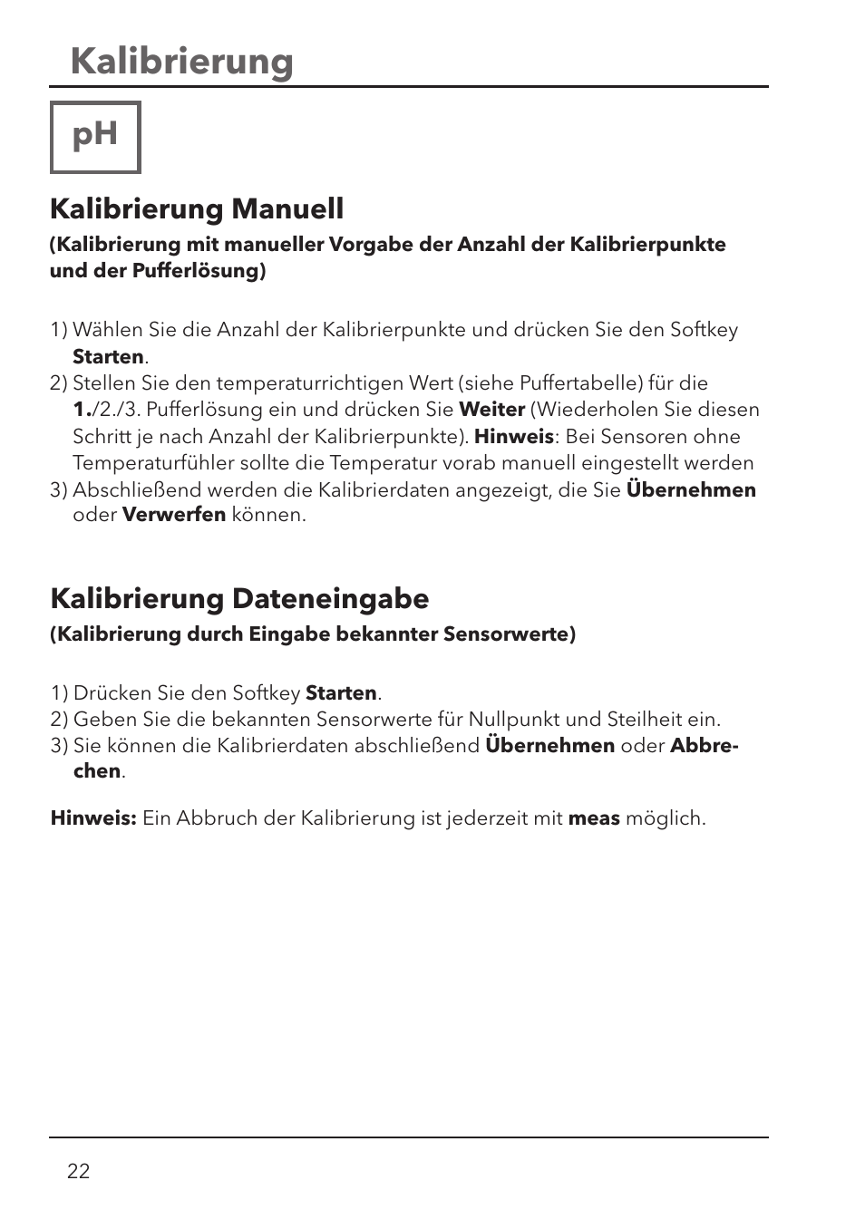 Kalibrierung, Kalibrierung manuell, Kalibrierung dateneingabe | Xylem HandyLab 780 User Manual | Page 22 / 164