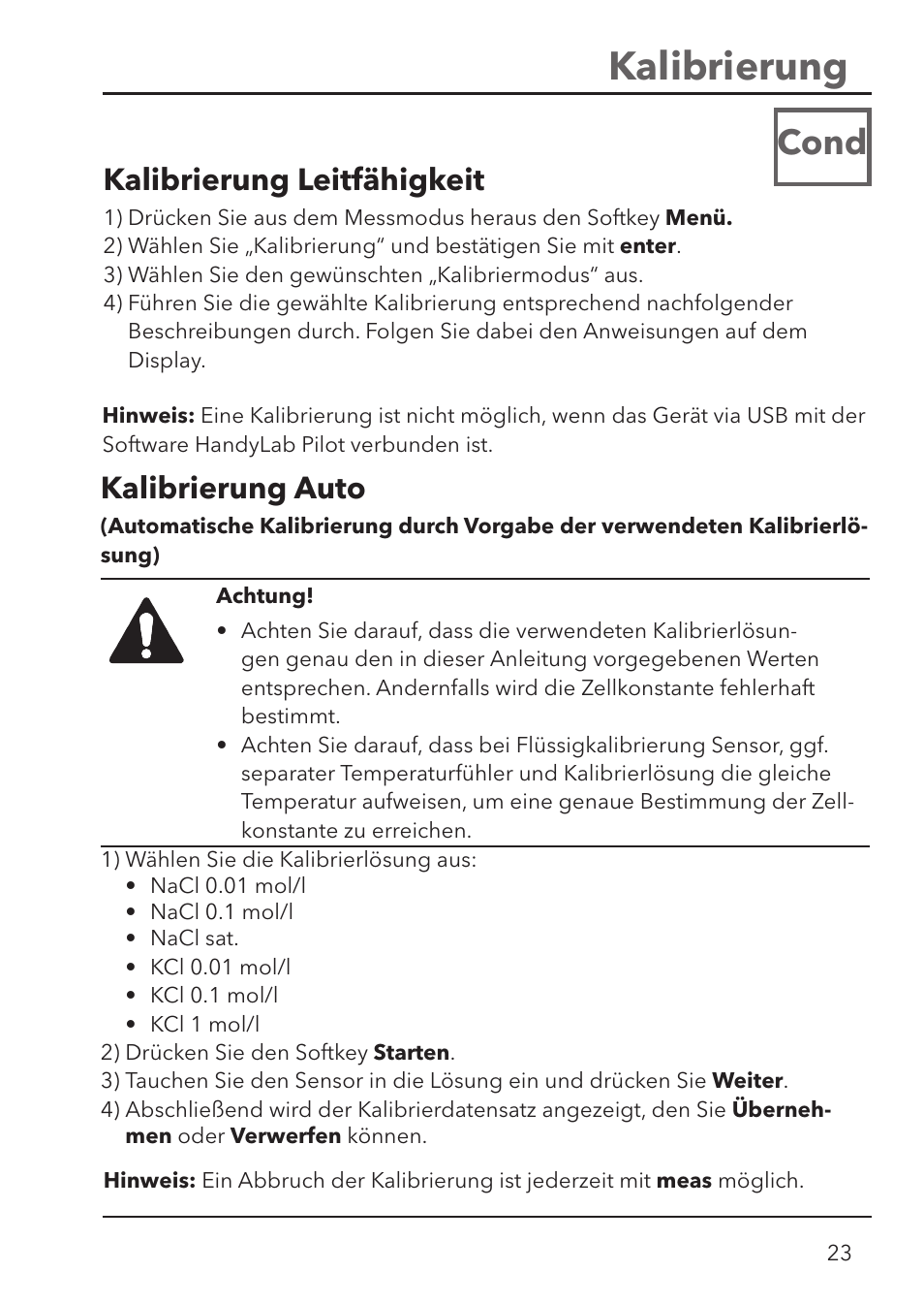 Kalibrierung, Cond, Kalibrierung auto | Kalibrierung leitfähigkeit | Xylem HandyLab 780 User Manual | Page 23 / 164