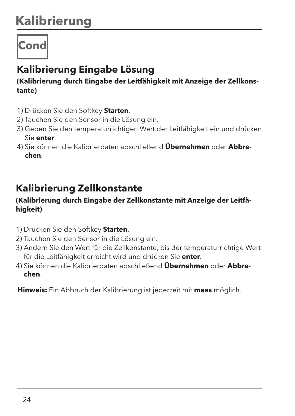 Kalibrierung, Cond, Kalibrierung eingabe lösung | Kalibrierung zellkonstante | Xylem HandyLab 780 User Manual | Page 24 / 164