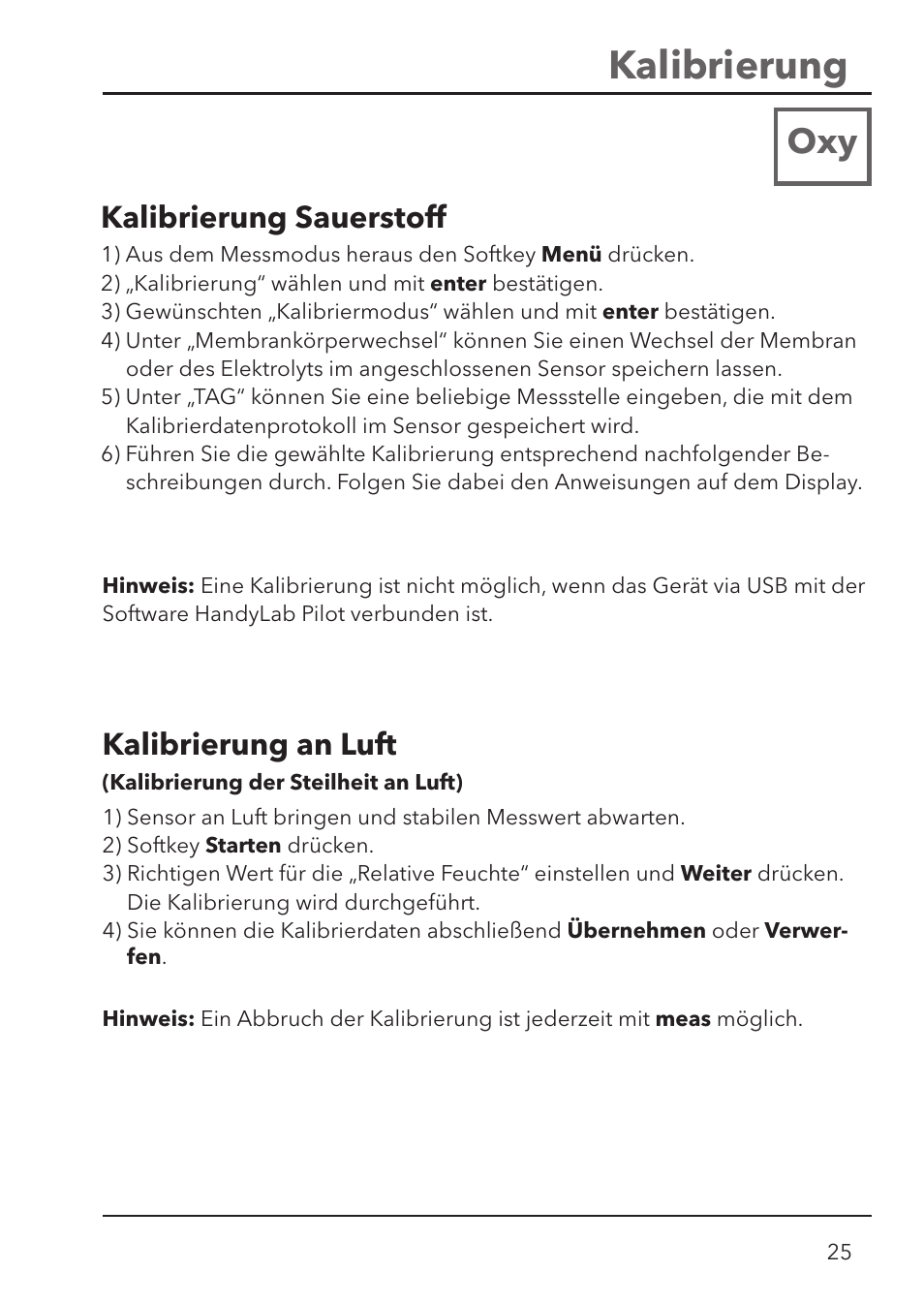 Kalibrierung, Kalibrierung sauerstoff, Kalibrierung an luft | Xylem HandyLab 780 User Manual | Page 25 / 164