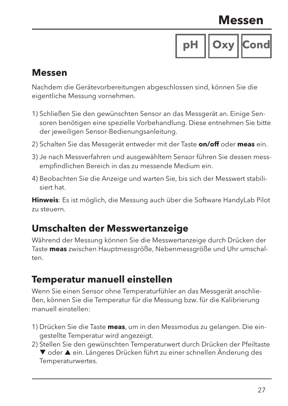 Messen, Ph oxy cond, Temperatur manuell einstellen | Umschalten der messwertanzeige | Xylem HandyLab 780 User Manual | Page 27 / 164