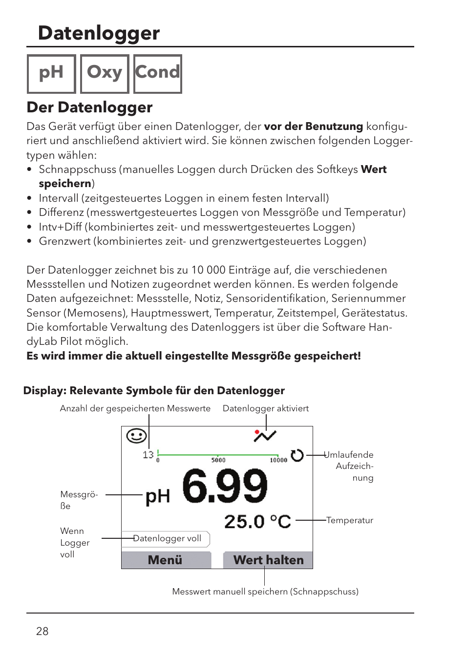 Datenlogger, Ph oxy cond, Der datenlogger | Xylem HandyLab 780 User Manual | Page 28 / 164