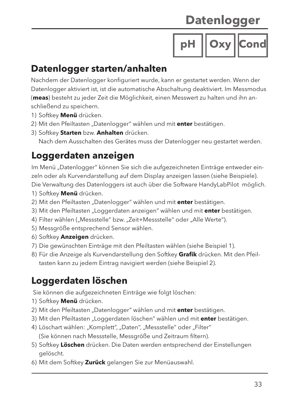 Datenlogger, Ph oxy cond, Loggerdaten anzeigen | Datenlogger starten/ anhalten, Loggerdaten löschen | Xylem HandyLab 780 User Manual | Page 33 / 164