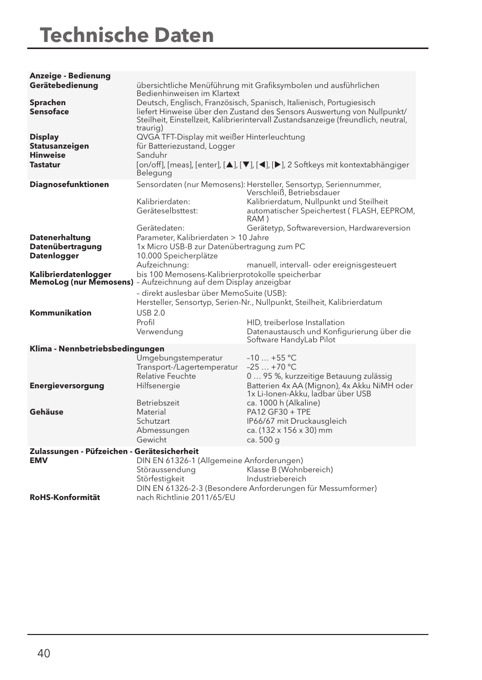 Technische daten | Xylem HandyLab 780 User Manual | Page 40 / 164