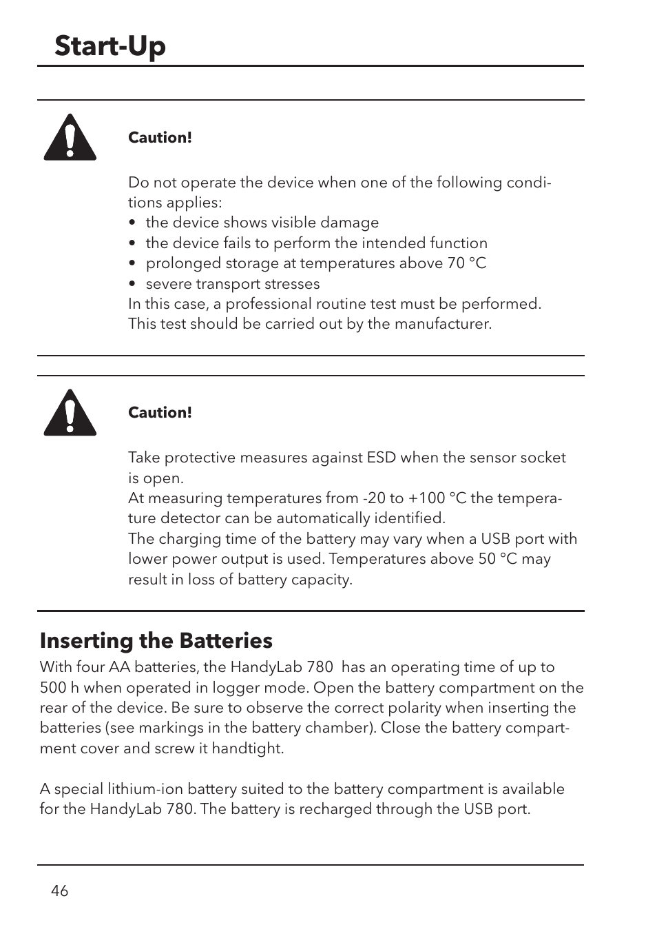 Start-up, Inserting the batteries | Xylem HandyLab 780 User Manual | Page 46 / 164