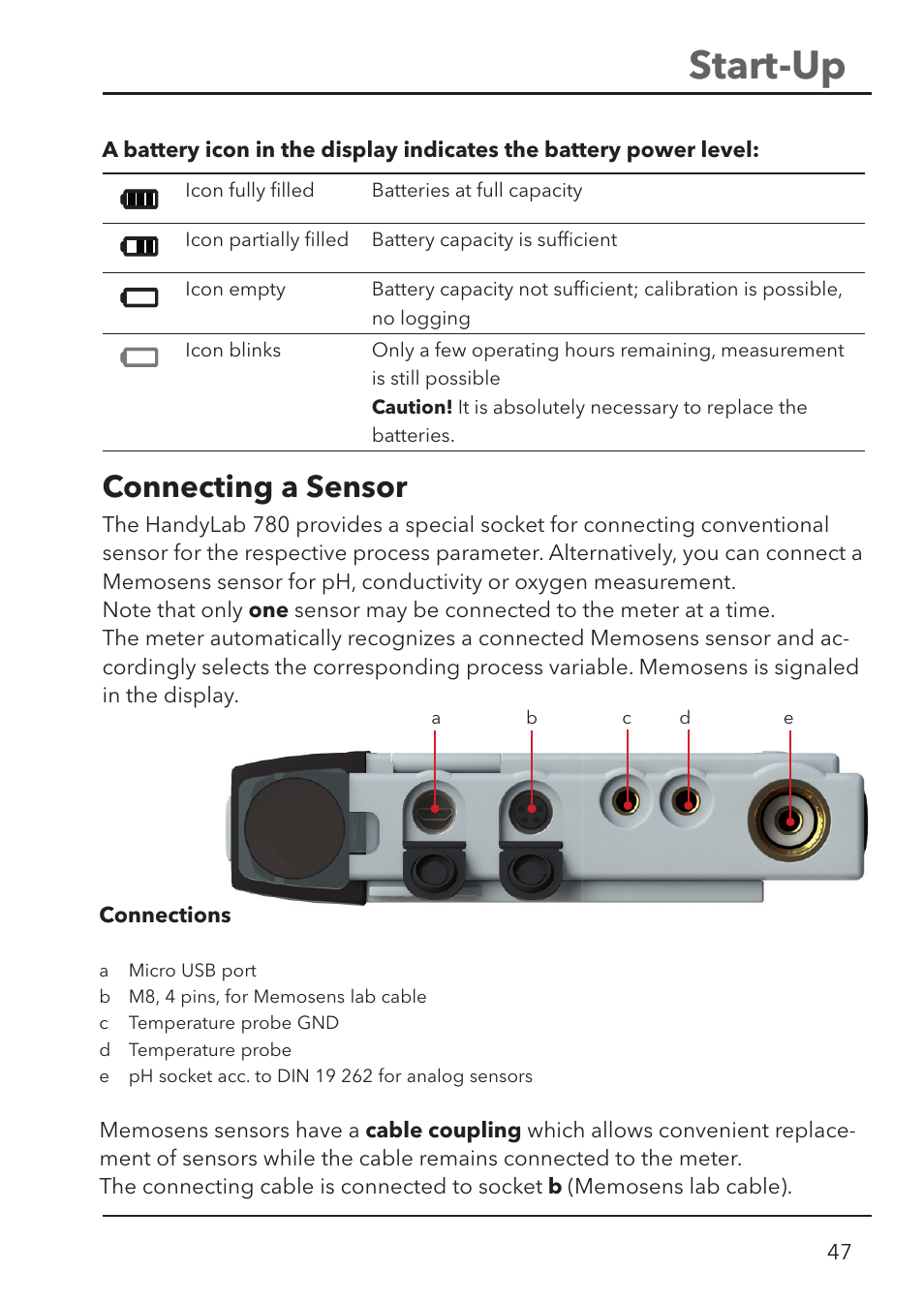 Start-up, Connecting a sensor | Xylem HandyLab 780 User Manual | Page 47 / 164