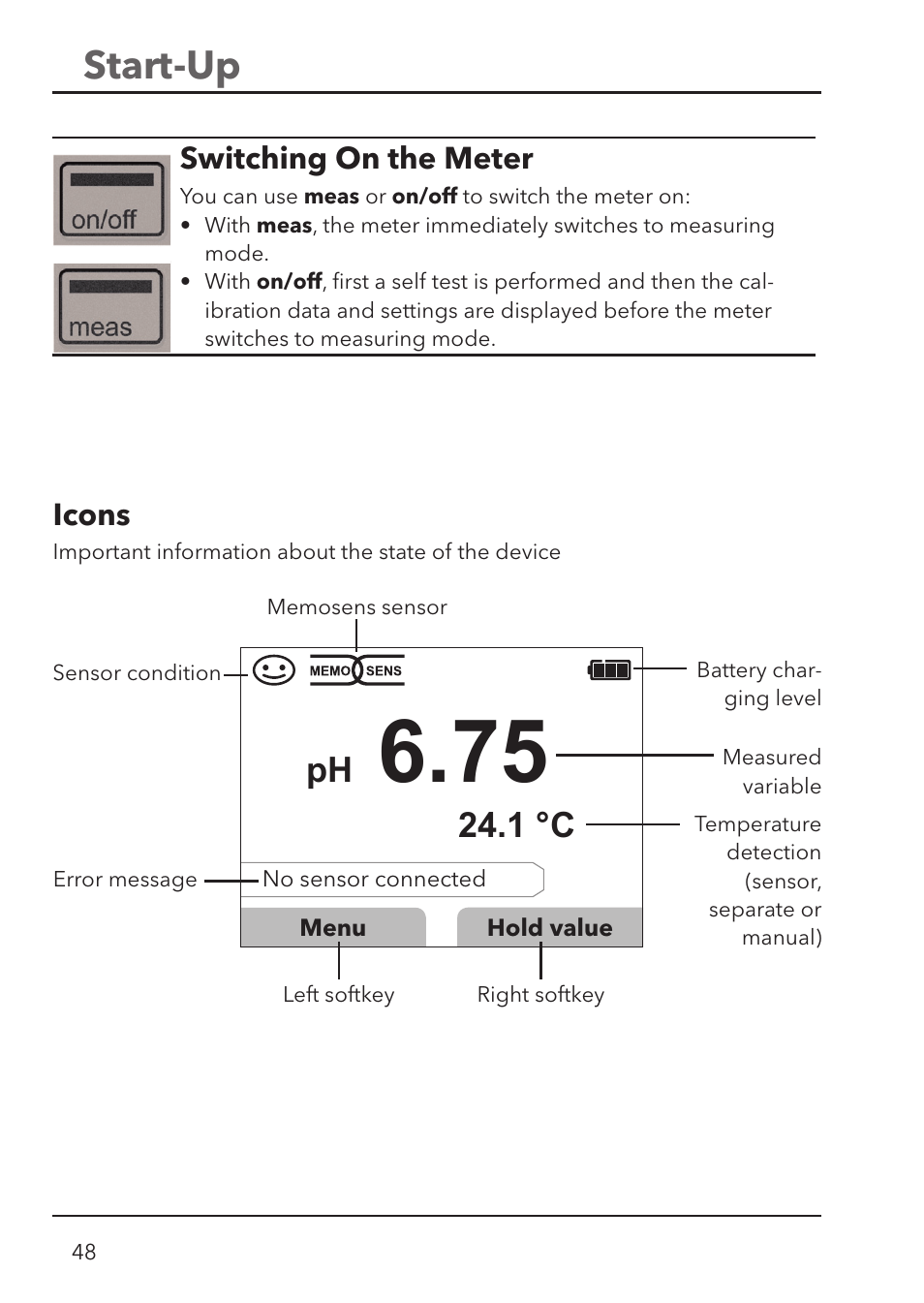 Start-up, 1 °c ph, Switching on the meter | Icons | Xylem HandyLab 780 User Manual | Page 48 / 164