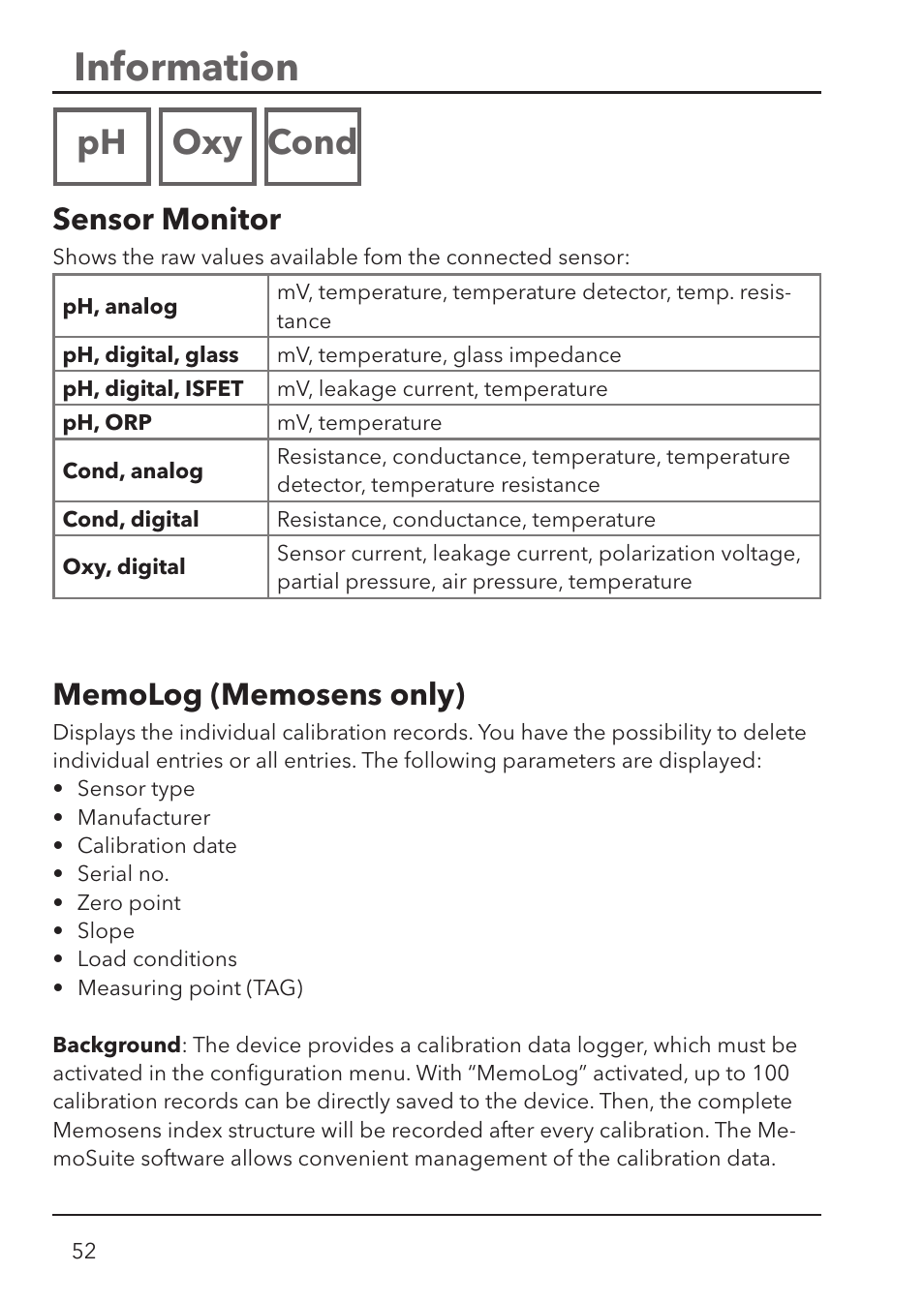 Information, Ph oxy cond, Sensor monitor | Xylem HandyLab 780 User Manual | Page 52 / 164