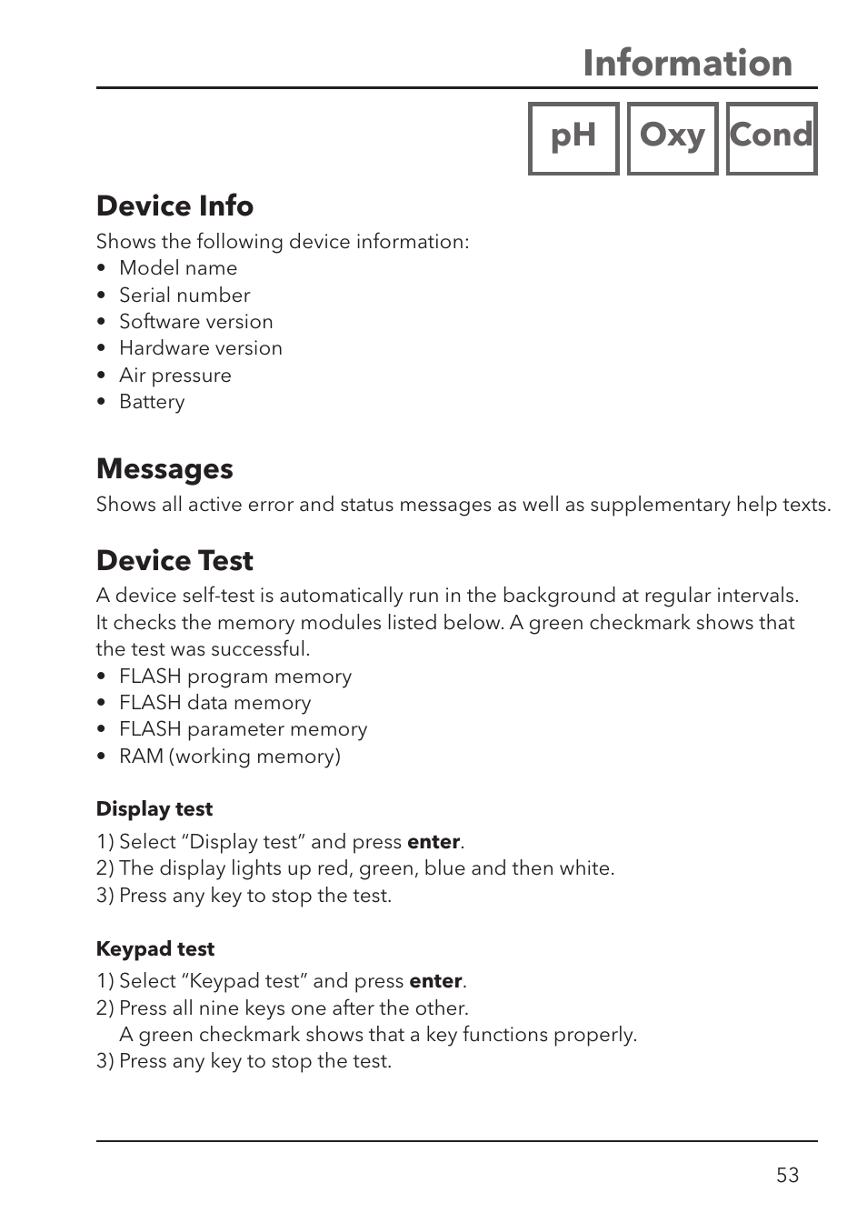 Information, Ph oxy cond, Messages | Device info, Device test | Xylem HandyLab 780 User Manual | Page 53 / 164