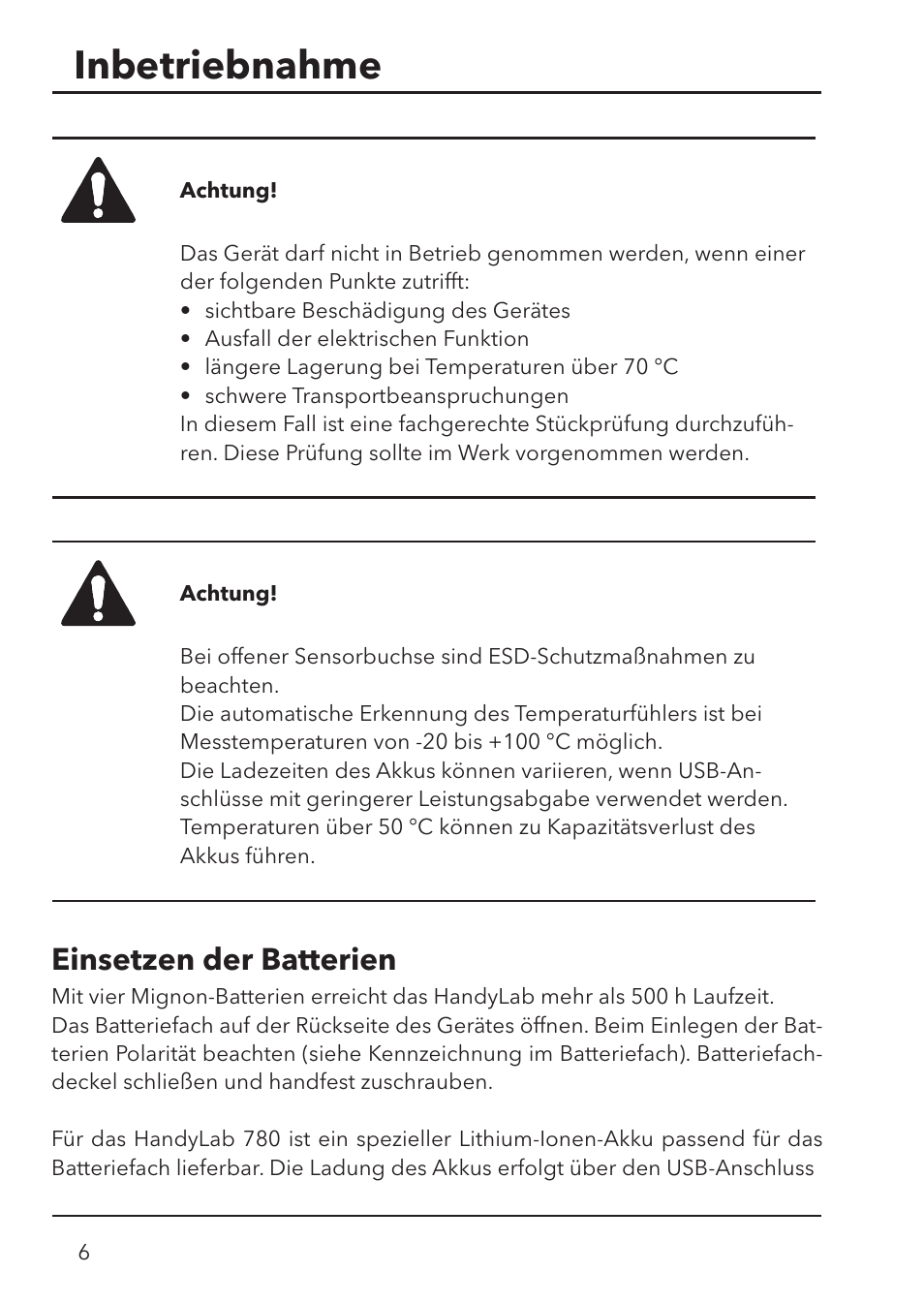 Inbetriebnahme, Einsetzen der batterien | Xylem HandyLab 780 User Manual | Page 6 / 164