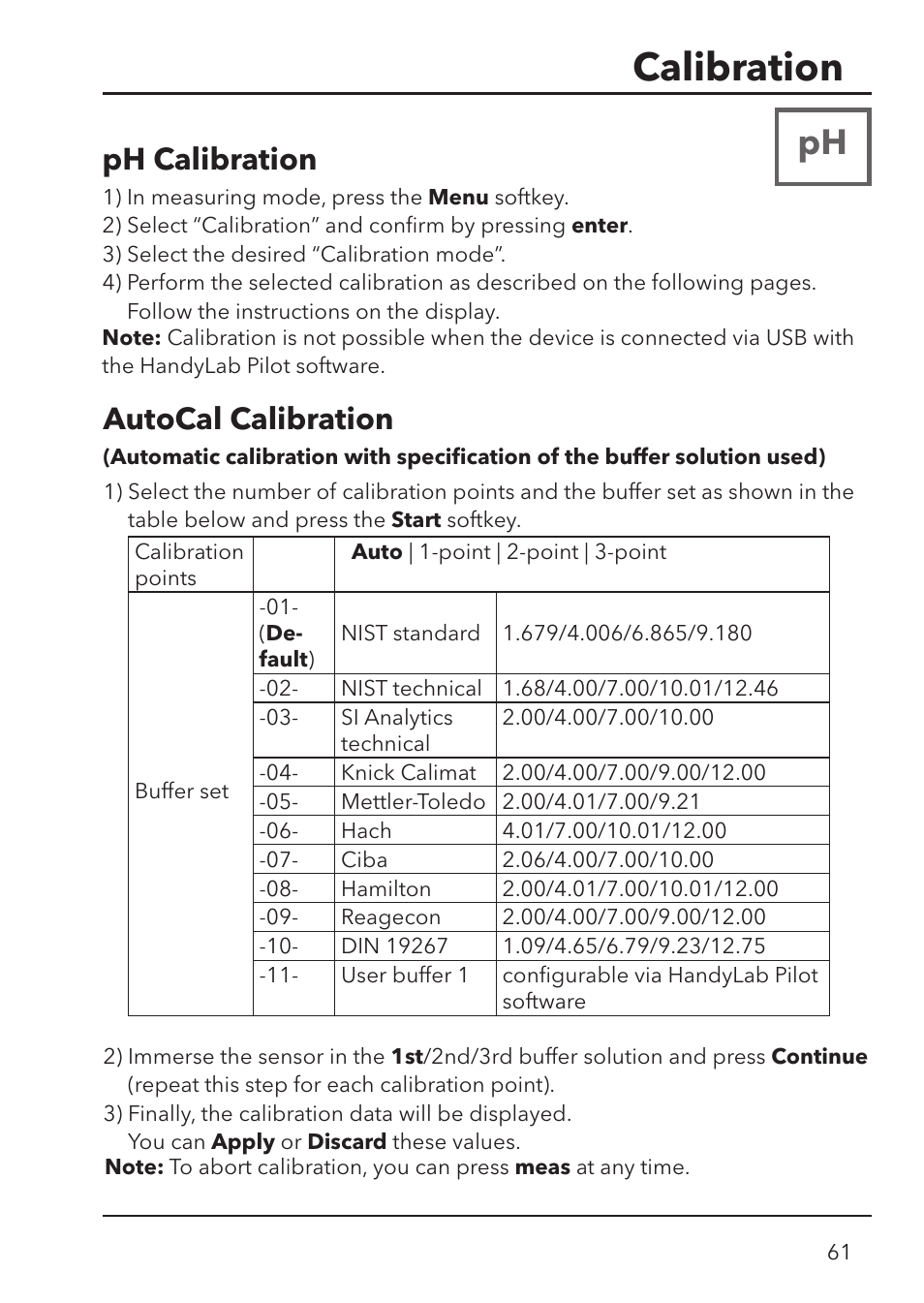 Calibration, Autocal calibration, Ph calibration | Xylem HandyLab 780 User Manual | Page 61 / 164