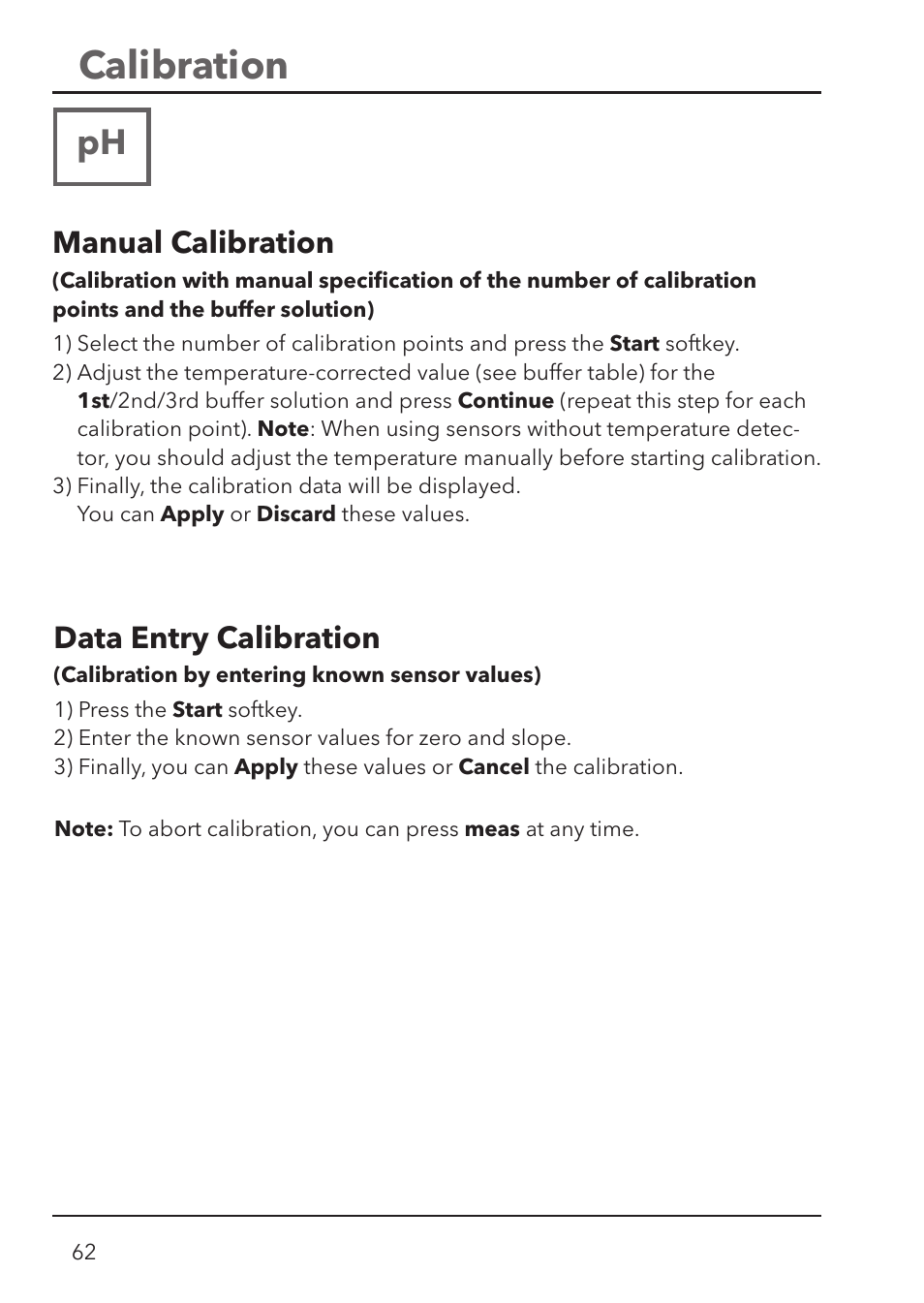 Calibration, Manual calibration, Data entry calibration | Xylem HandyLab 780 User Manual | Page 62 / 164