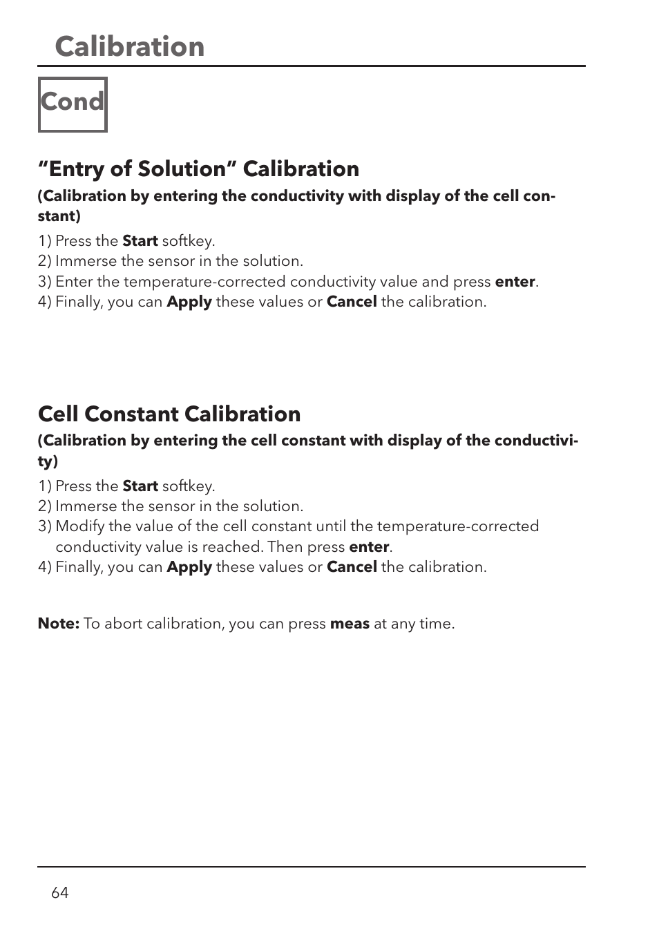 Calibration, Cond, Entry of solution” calibration | Cell constant calibration | Xylem HandyLab 780 User Manual | Page 64 / 164