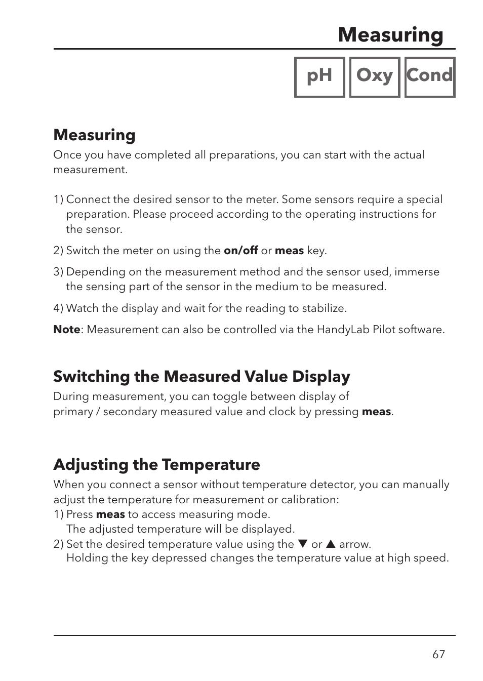 Measuring, Ph oxy cond, Switching the measured value display | Adjusting the temperature | Xylem HandyLab 780 User Manual | Page 67 / 164