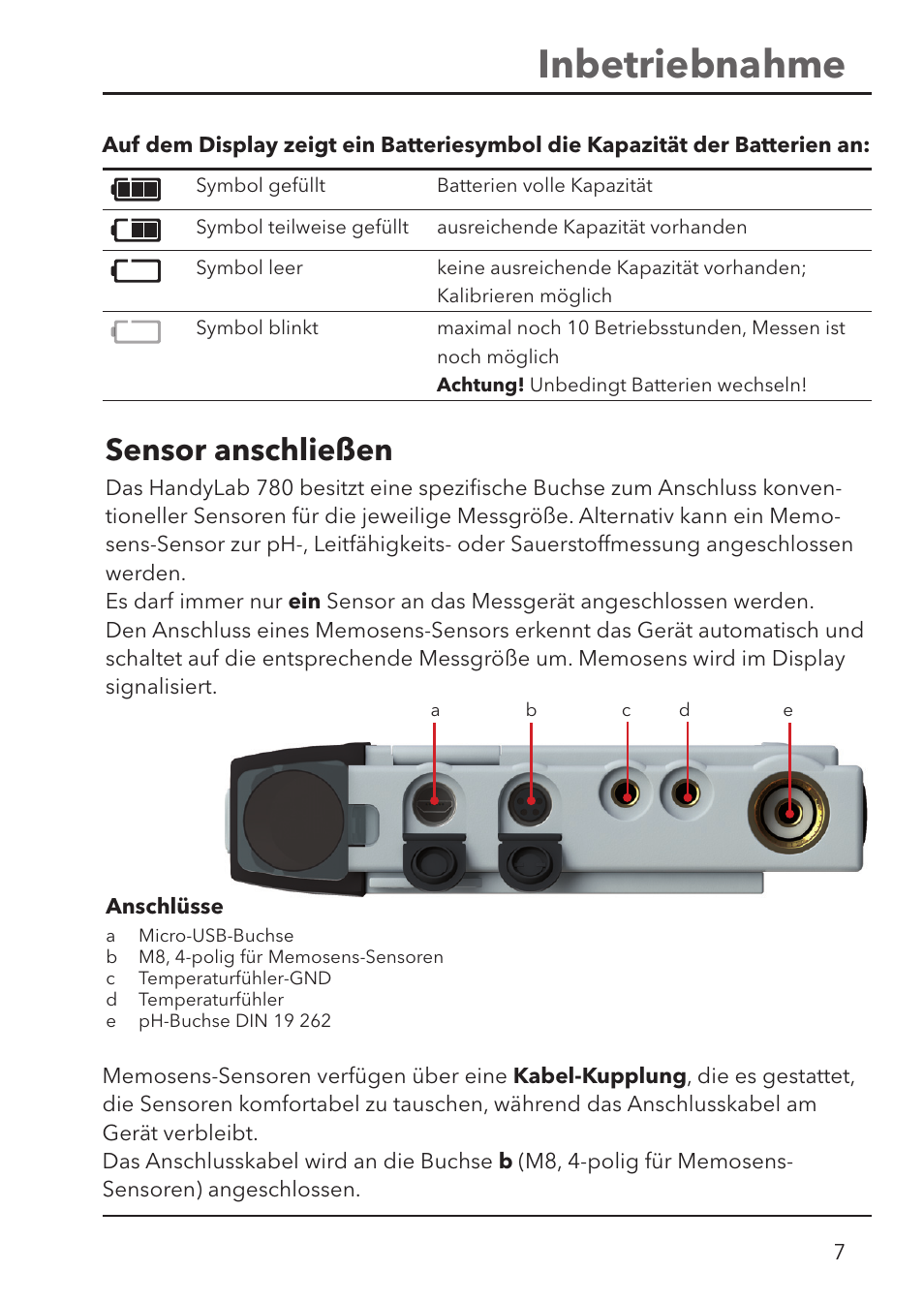 Inbetriebnahme, Sensor anschließen | Xylem HandyLab 780 User Manual | Page 7 / 164